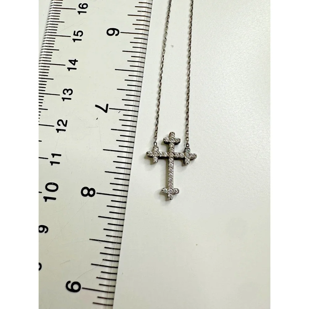 Sterling Silver Necklace‎ Cross Pendant Diamond Chips Italy Religious Adjustable